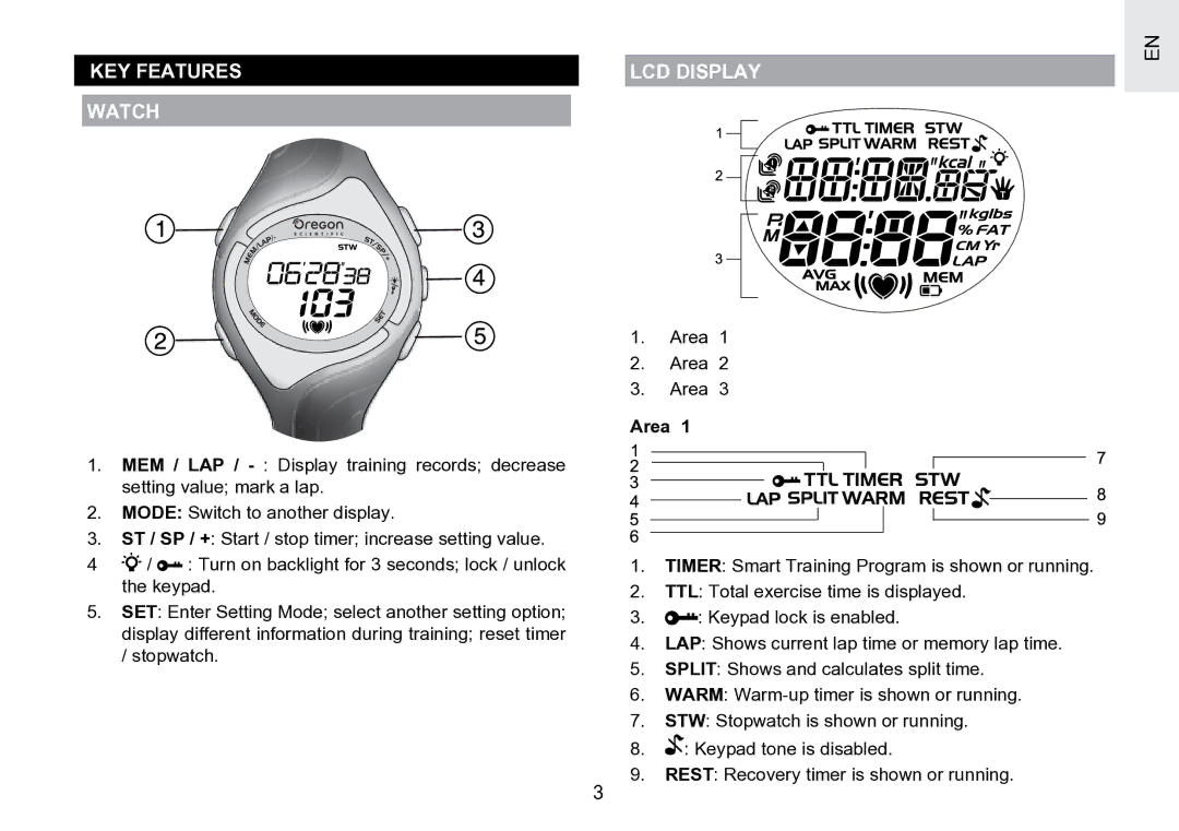 Oregon Scientific SE188 user manual KEY Features Watch, LCD Display, Area 