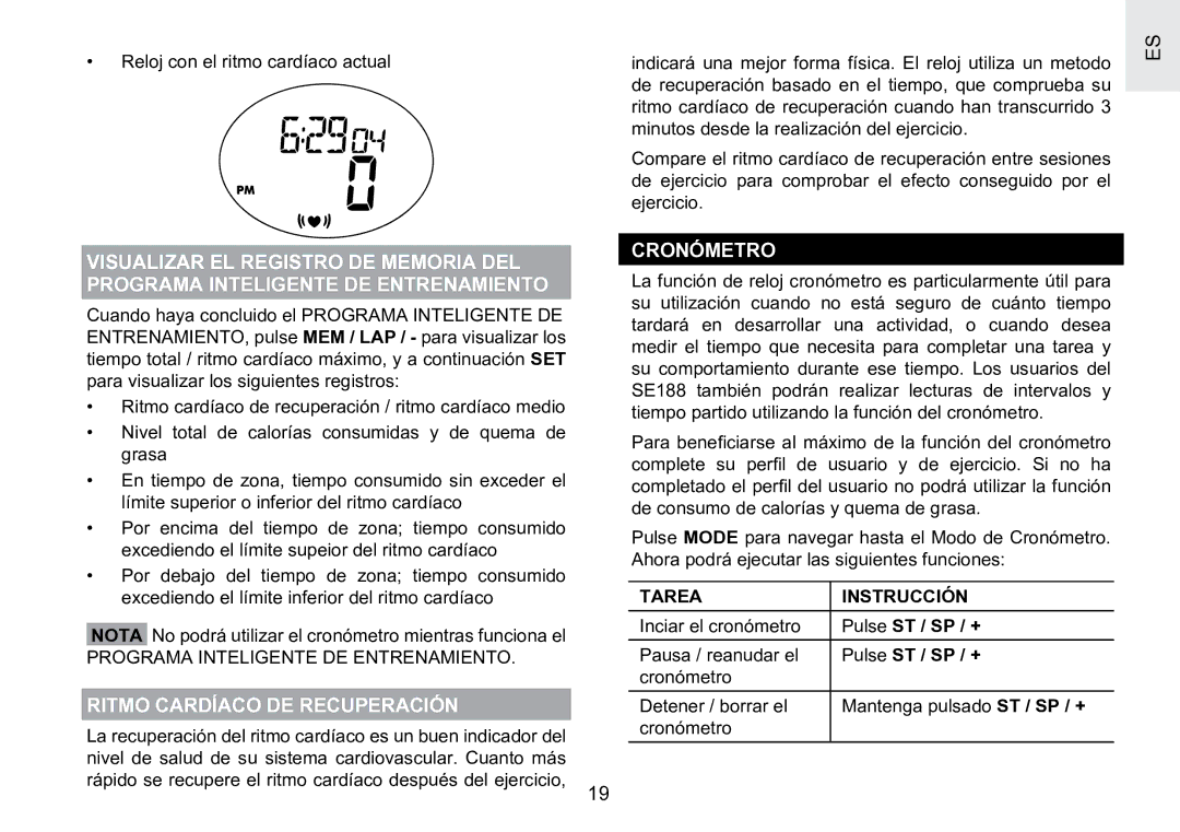 Oregon Scientific SE188 user manual Ritmo Cardíaco DE Recuperación, Cronómetro, Programa Inteligente DE Entrenamiento 