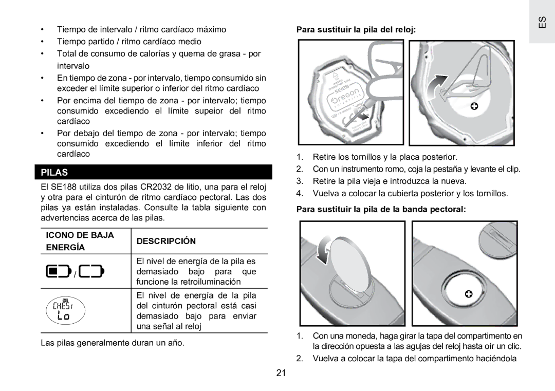 Oregon Scientific SE188 user manual Pilas, Icono DE Baja Descripción Energía, Para sustituir la pila del reloj 