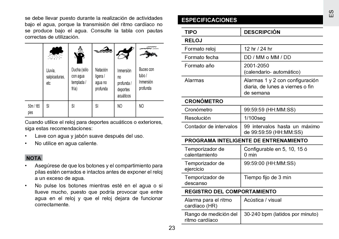 Oregon Scientific SE188 user manual Especificaciones 