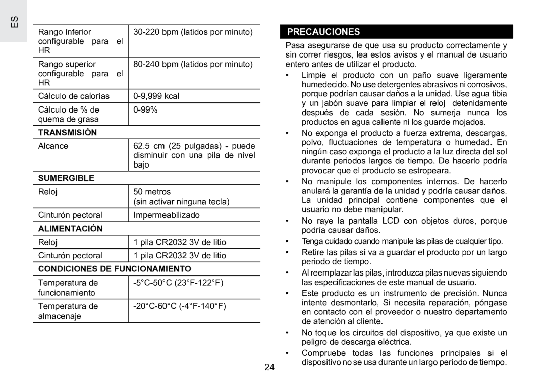 Oregon Scientific SE188 user manual Precauciones, Transmisión, Sumergible, Alimentación, Condiciones DE Funcionamiento 