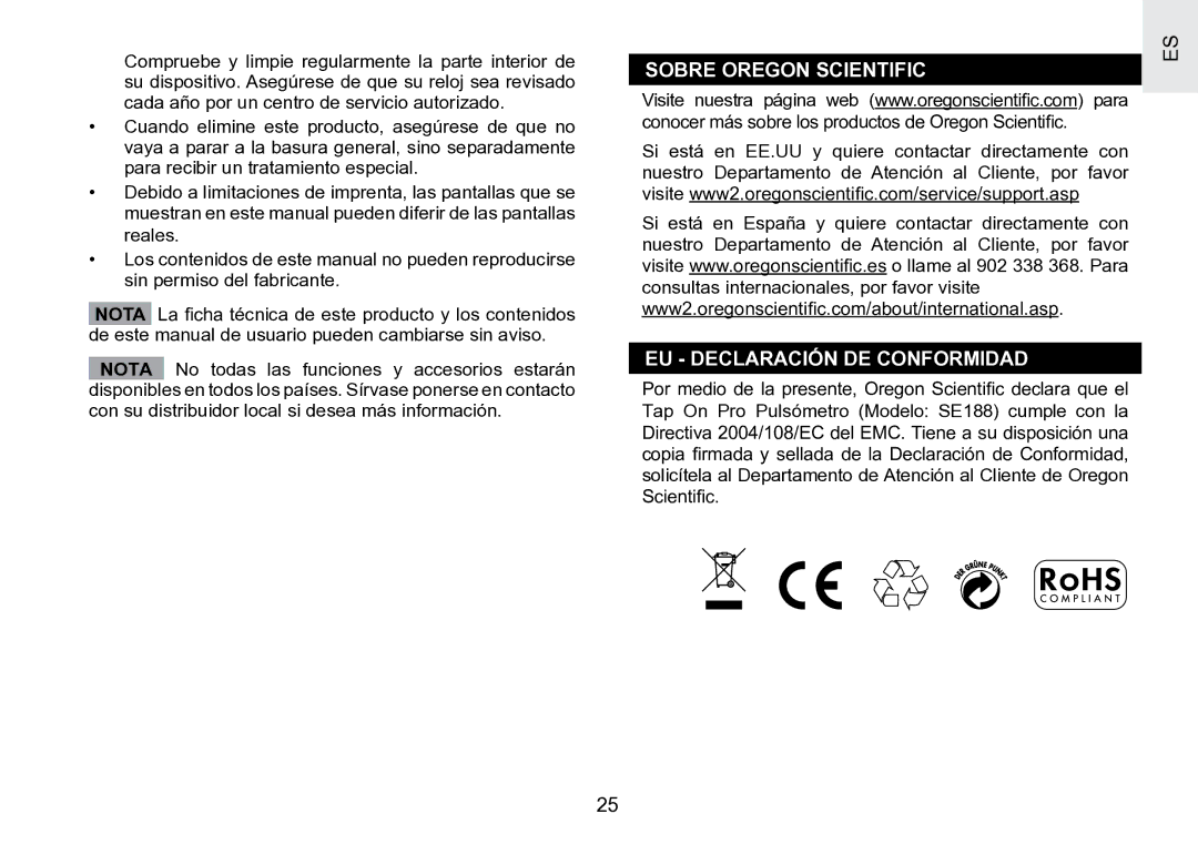 Oregon Scientific SE188 user manual Sobre Oregon Scientific EU Declaración DE Conformidad 