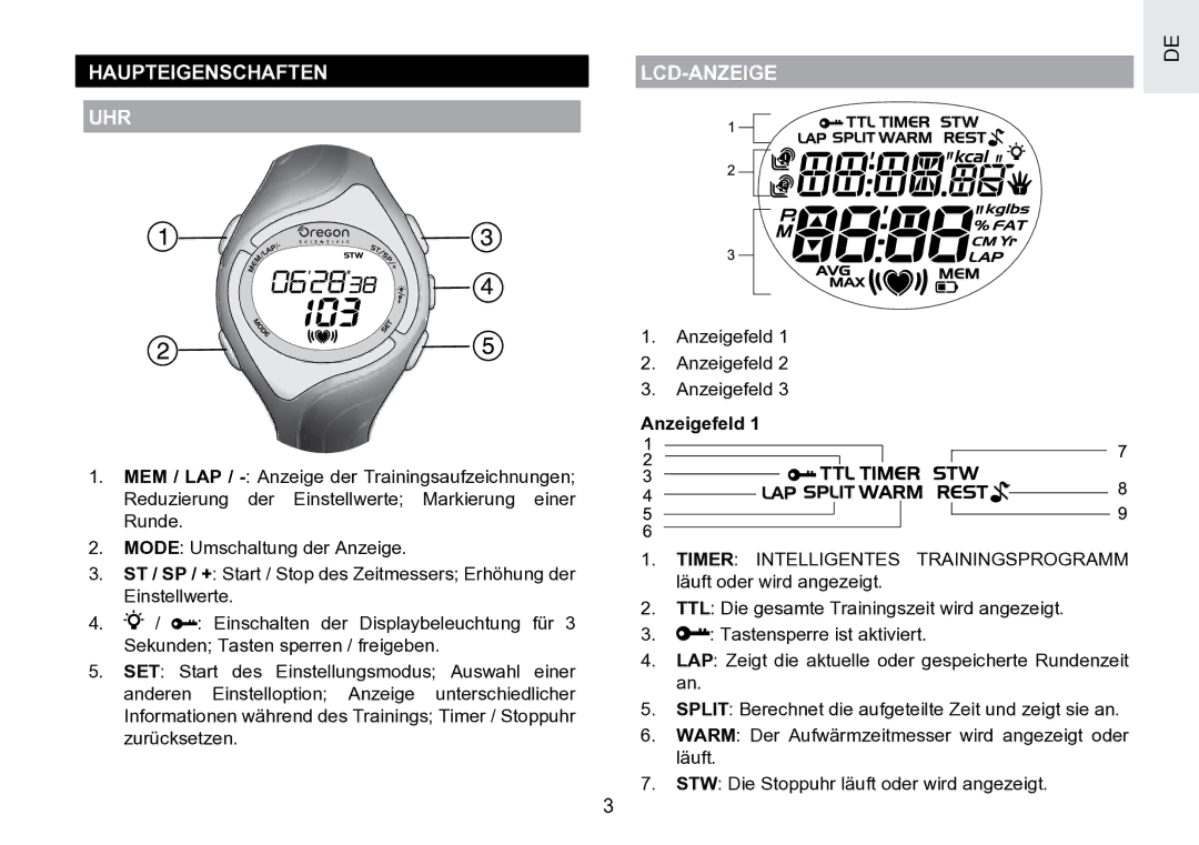 Oregon Scientific SE188 user manual Haupteigenschaften UHR, Lcd-Anzeige, Anzeigefeld 