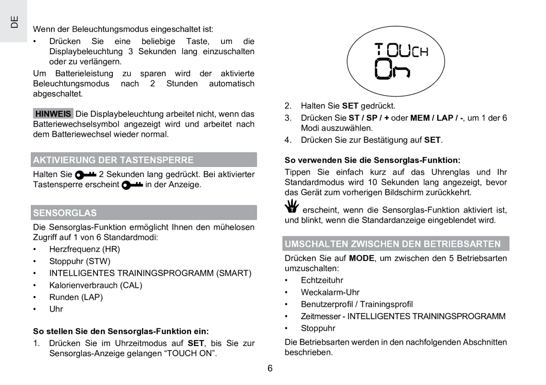 Oregon Scientific SE188 user manual Aktivierung DER Tastensperre, Sensorglas, Umschalten Zwischen DEN Betriebsarten 