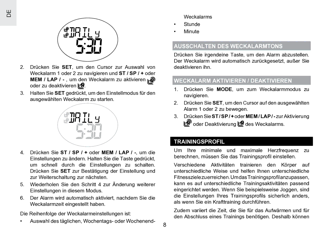 Oregon Scientific SE188 user manual Ausschalten DES Weckalarmtons, Weckalarm Aktivieren / Deaktivieren, Trainingsprofil 