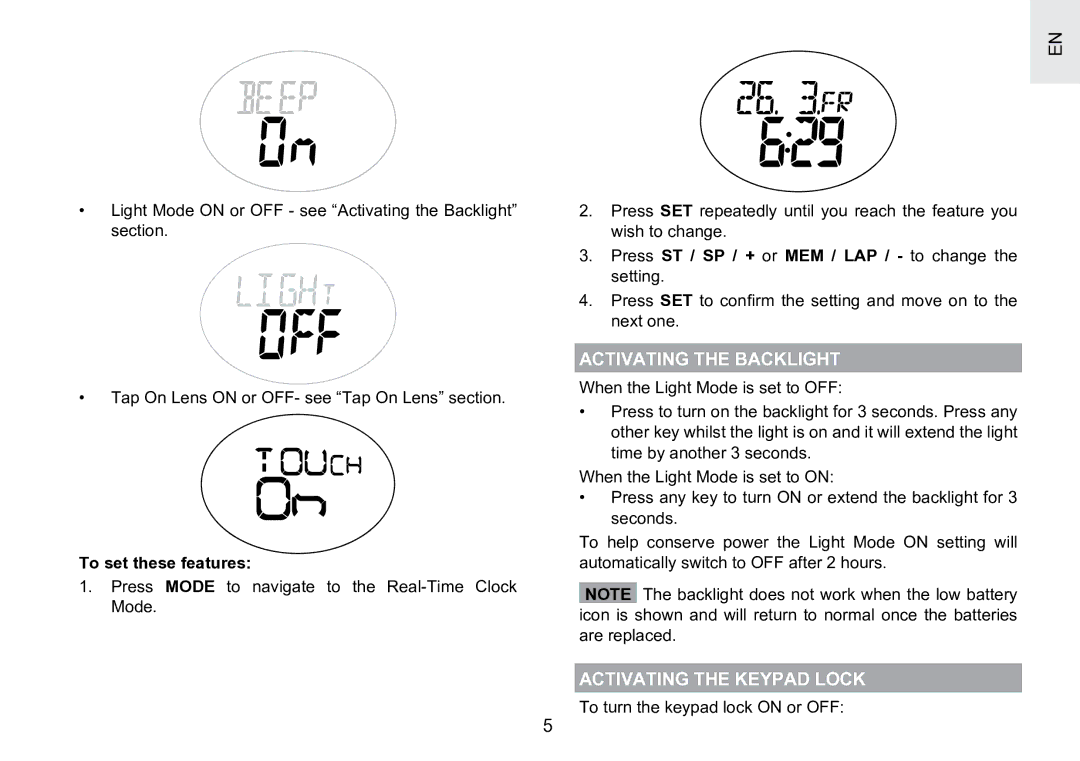 Oregon Scientific SE188 user manual Activating the Backlight, Activating the Keypad Lock, To set these features 