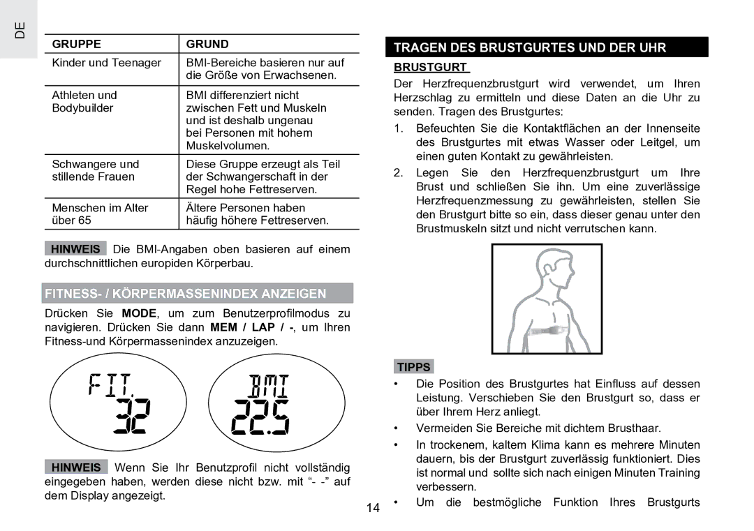 Oregon Scientific SE188 FITNESS- / Körpermassenindex Anzeigen, Tragen DES Brustgurtes UND DER UHR, Gruppe Grund, Tipps 