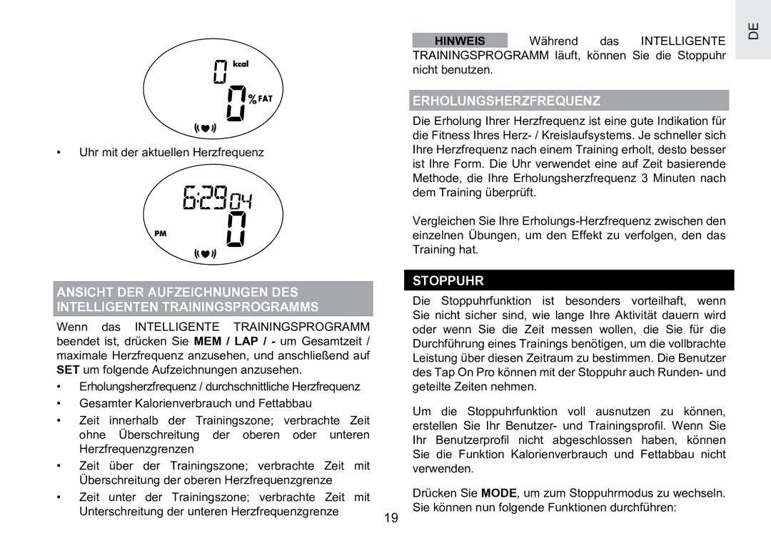 Oregon Scientific SE188 Erholungsherzfrequenz, Stoppuhr, Ansicht DER Aufzeichnungen DES, Intelligenten Trainingsprogramms 