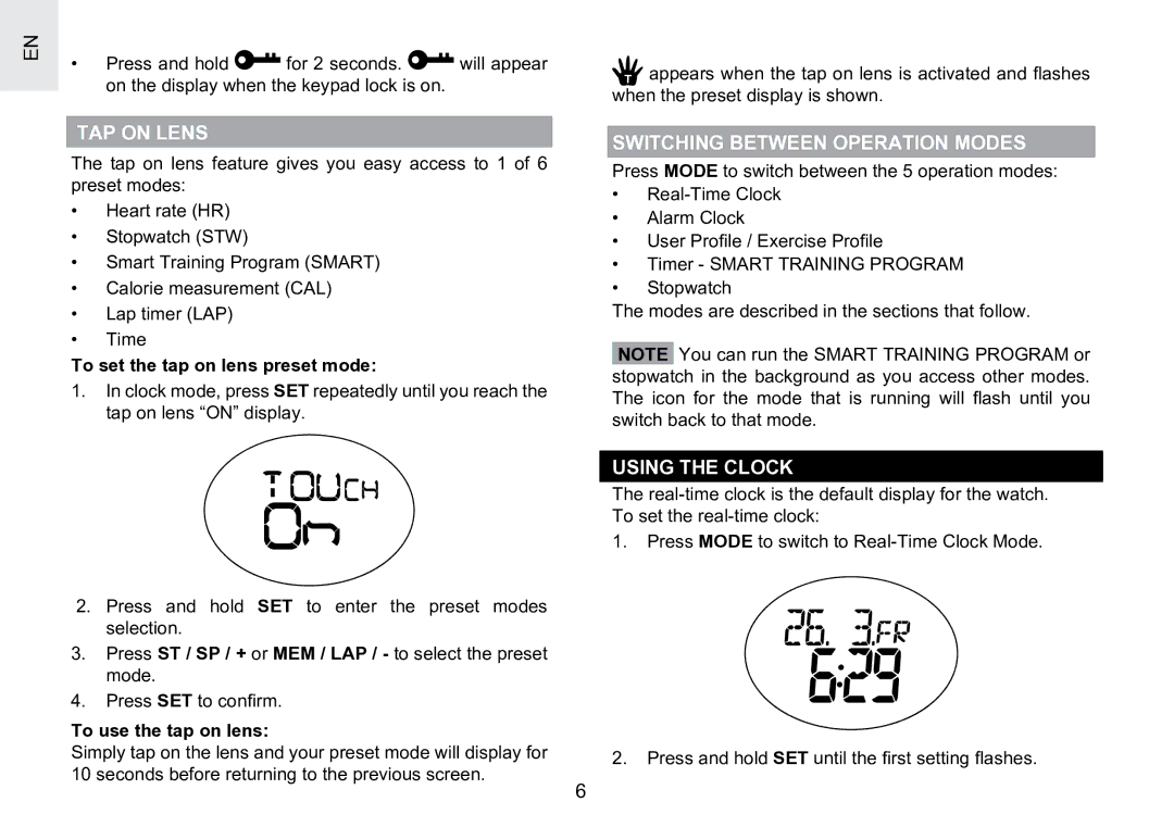 Oregon Scientific SE188 user manual Switching Between Operation Modes, Using the Clock, To set the tap on lens preset mode 