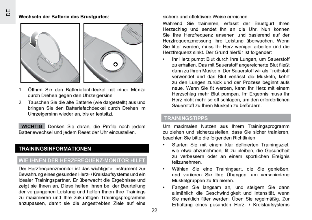 Oregon Scientific SE188 user manual Trainingstipps, Wechseln der Batterie des Brustgurtes 