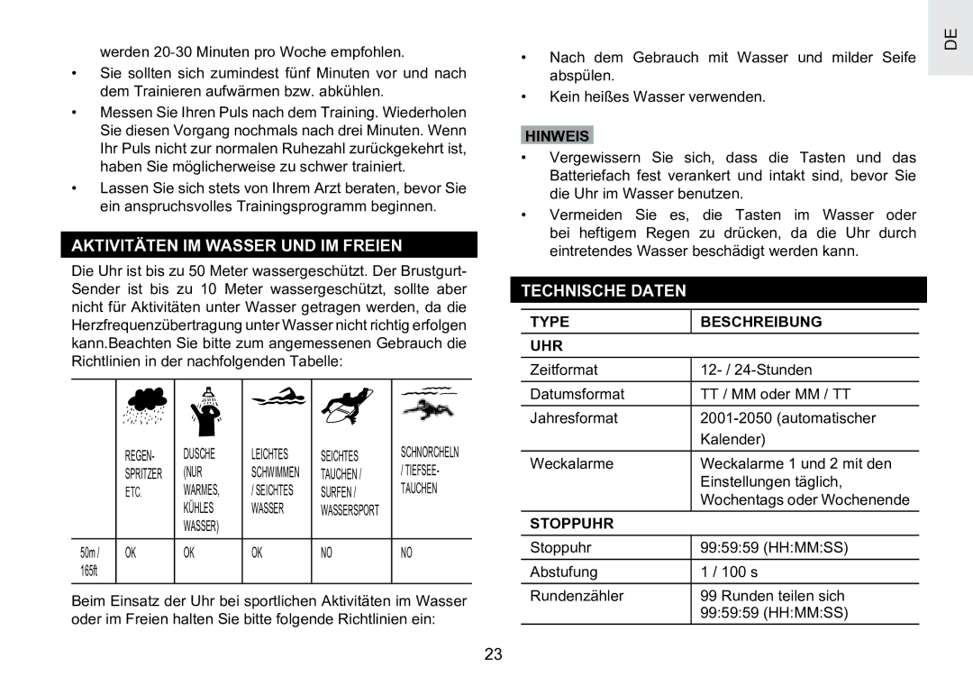 Oregon Scientific SE188 user manual Aktivitäten IM Wasser UND IM Freien, Technische Daten, Type Beschreibung UHR, Stoppuhr 