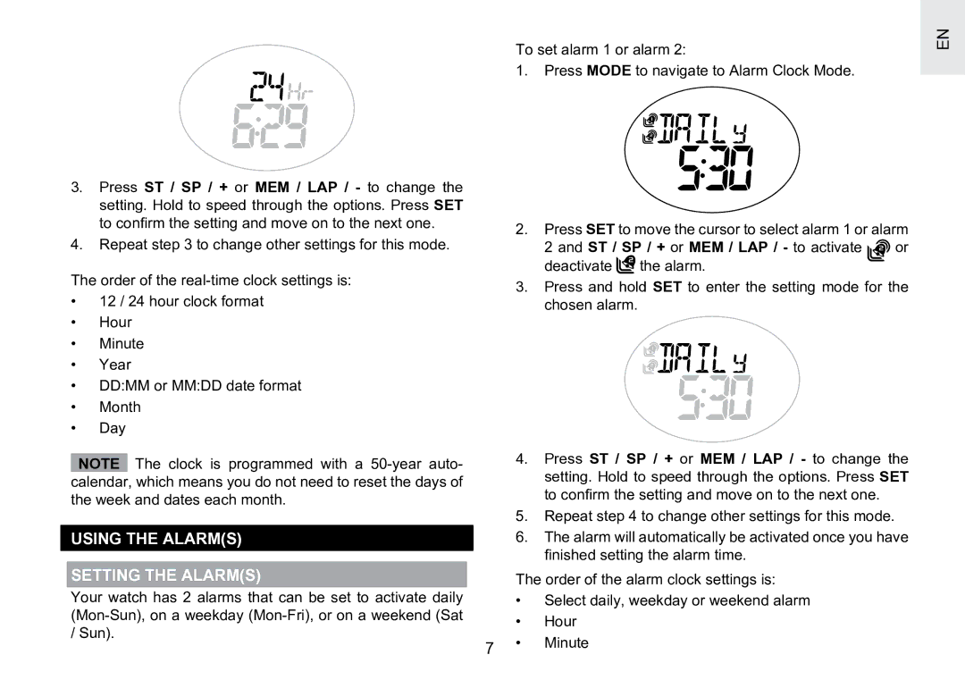 Oregon Scientific SE188 user manual Using the Alarms Setting the Alarms, ST / SP / + or MEM / LAP / to activate 