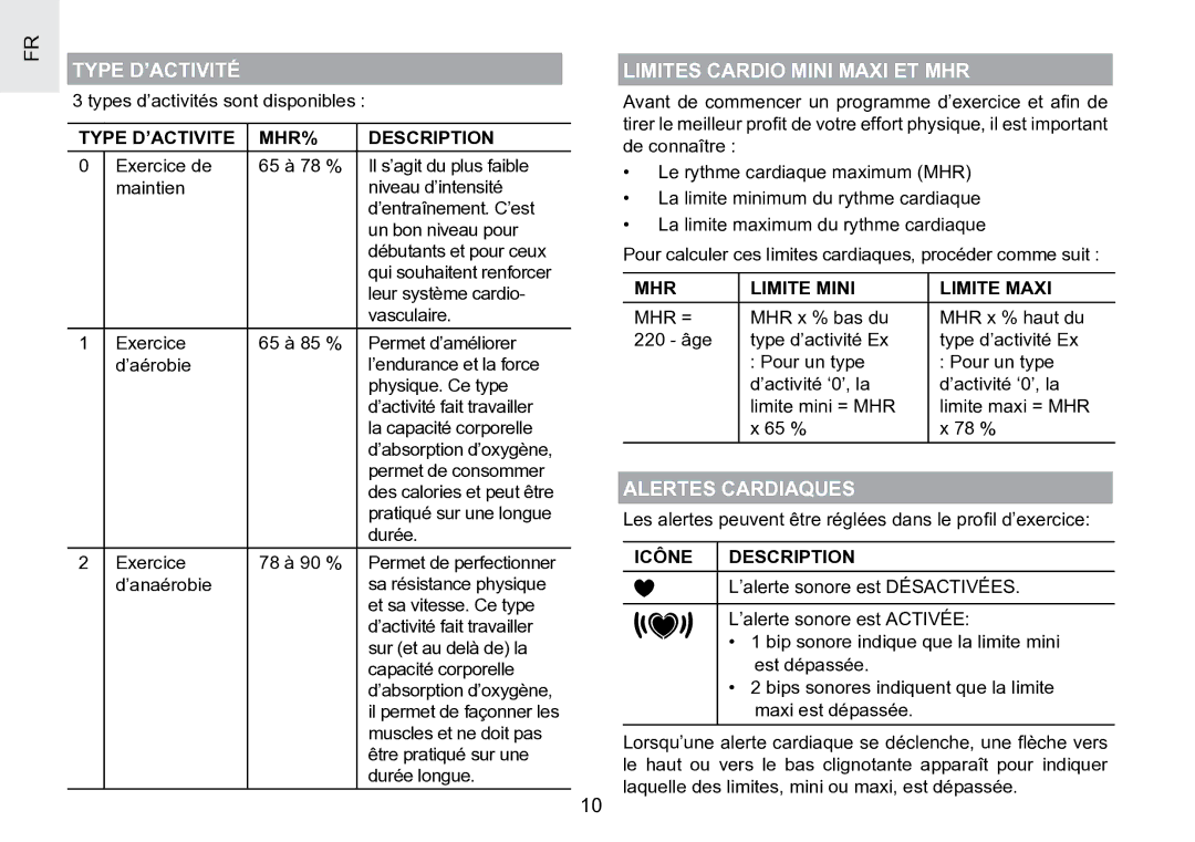 Oregon Scientific SE188 user manual Type D’ACTIVITÉ, Limites Cardio Mini Maxi ET MHR, Alertes Cardiaques 