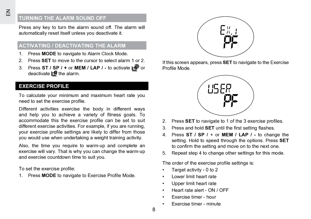 Oregon Scientific SE188 user manual Turning the Alarm Sound OFF, Activating / Deactivating the Alarm, Exercise Profile 