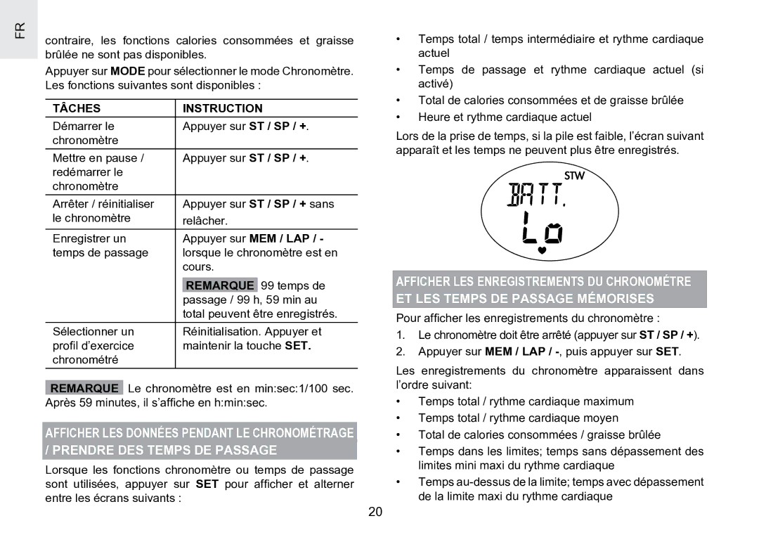 Oregon Scientific SE188 user manual Tâches Instruction, Appuyer sur MEM / LAP 