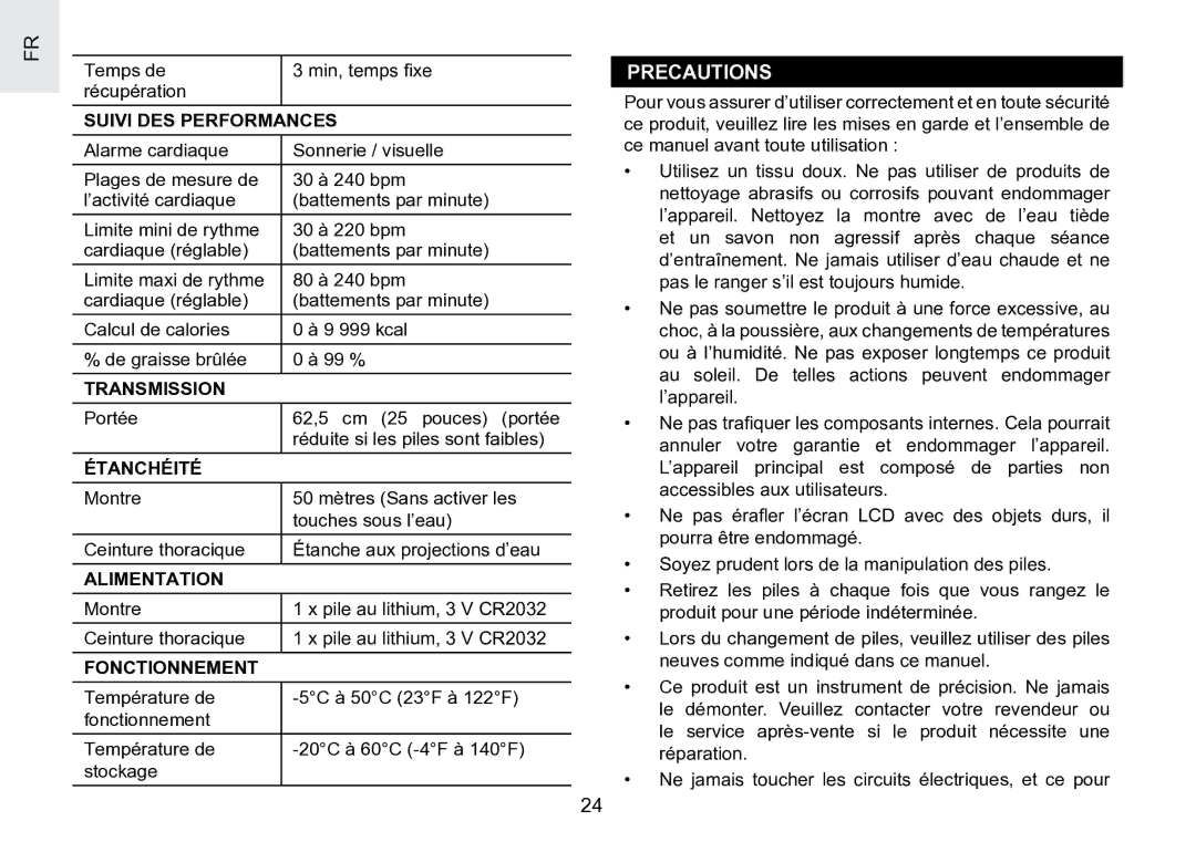 Oregon Scientific SE188 user manual Suivi DES Performances, Étanchéité, Alimentation, Fonctionnement 