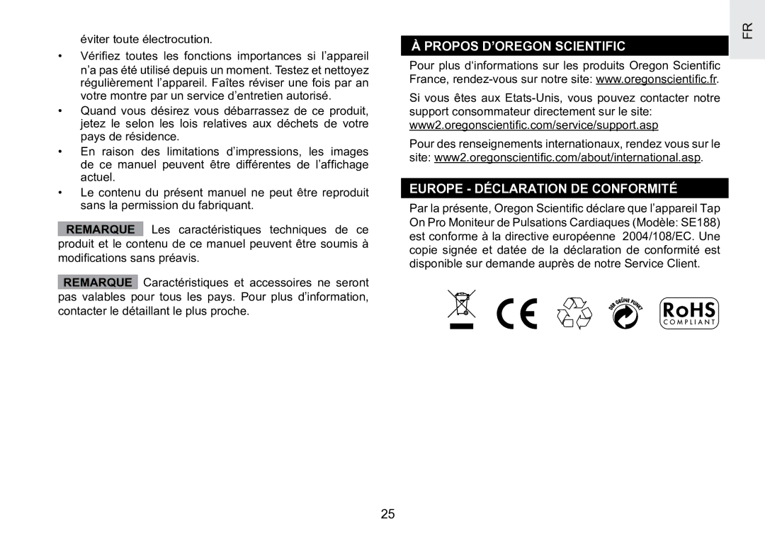 Oregon Scientific SE188 user manual Propos D’OREGON Scientific Europe Déclaration DE Conformité 