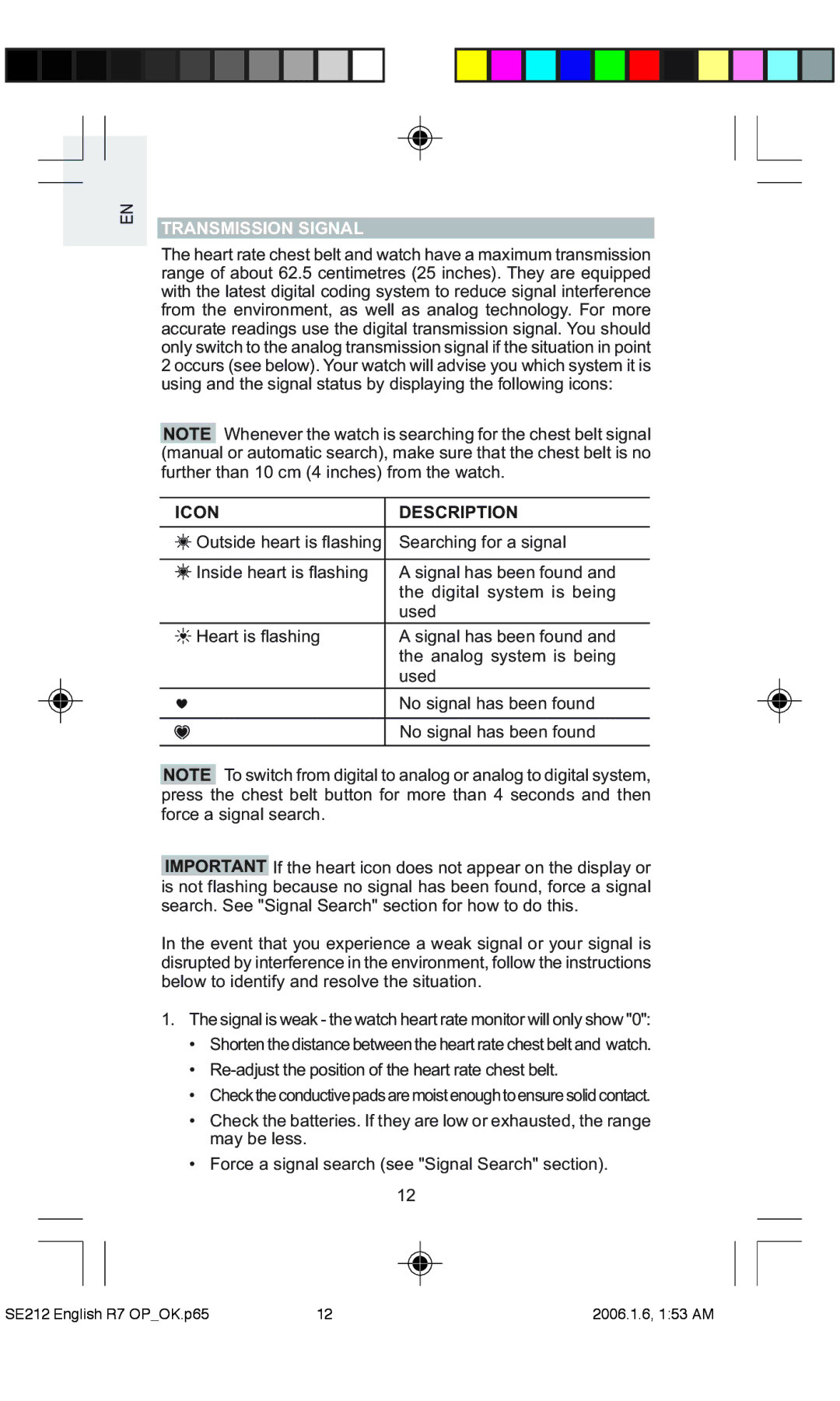 Oregon Scientific SE212 / SE232 user manual Transmission Signal, Icon Description 