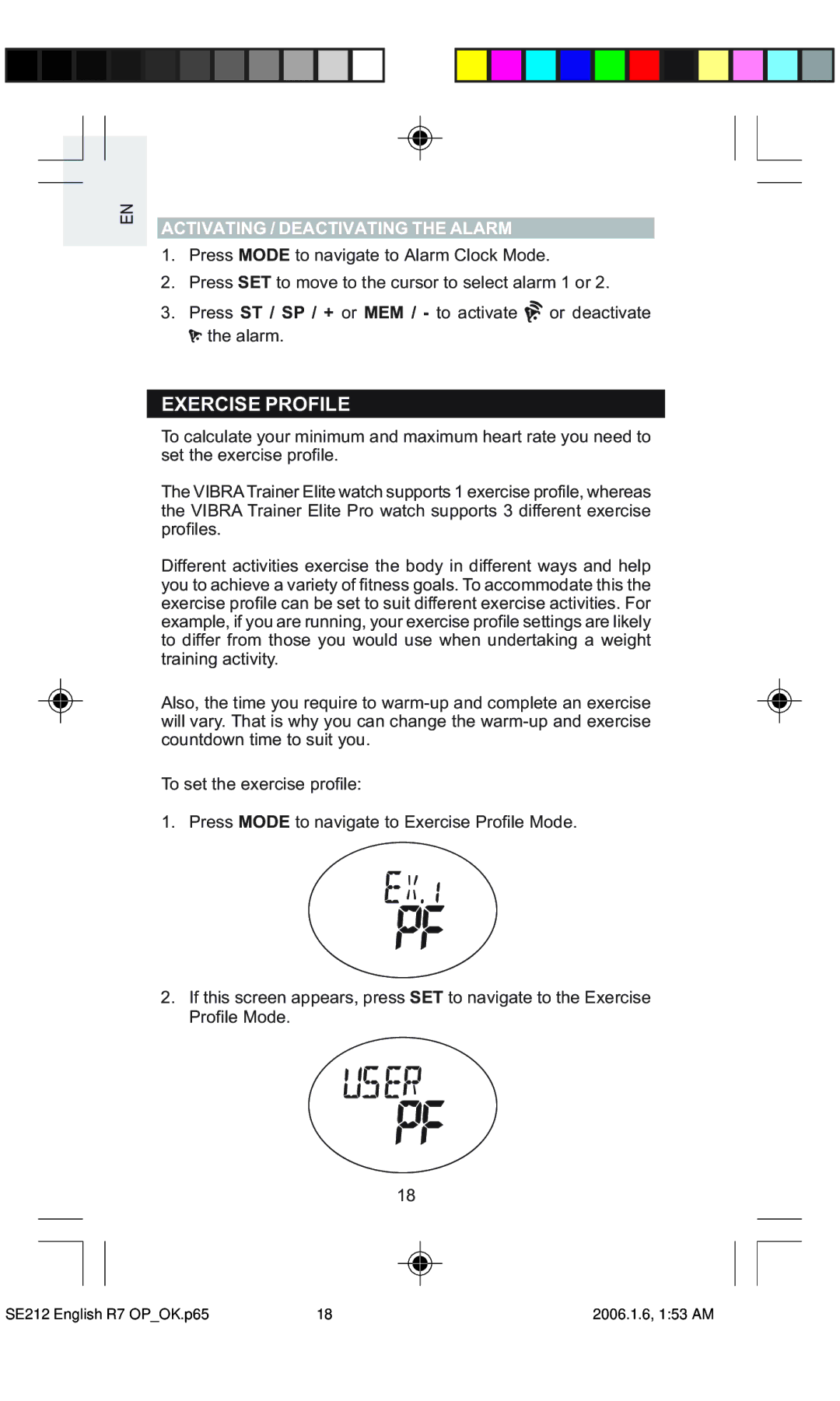 Oregon Scientific SE212 / SE232 user manual Exercise Profile, Activating / Deactivating the Alarm 