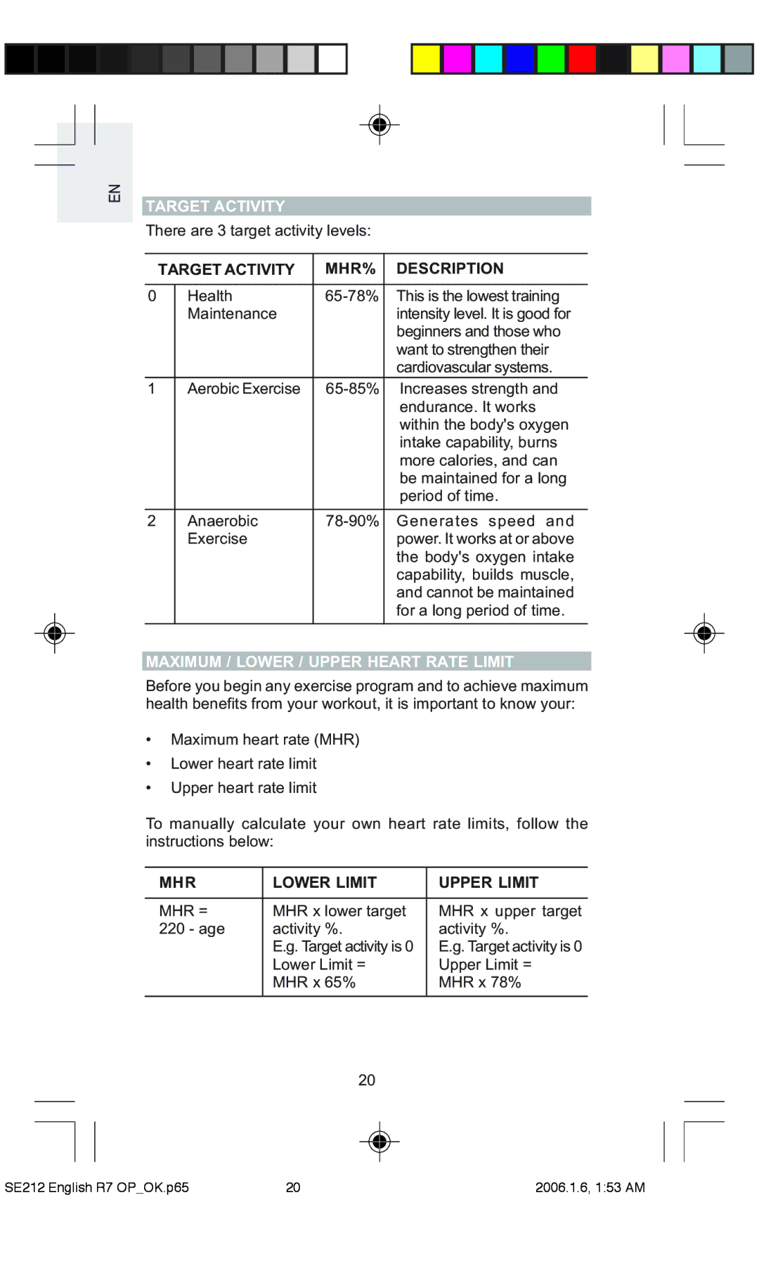 Oregon Scientific SE212 / SE232 user manual Target Activity MHR% Description, Maximum / Lower / Upper Heart Rate Limit 