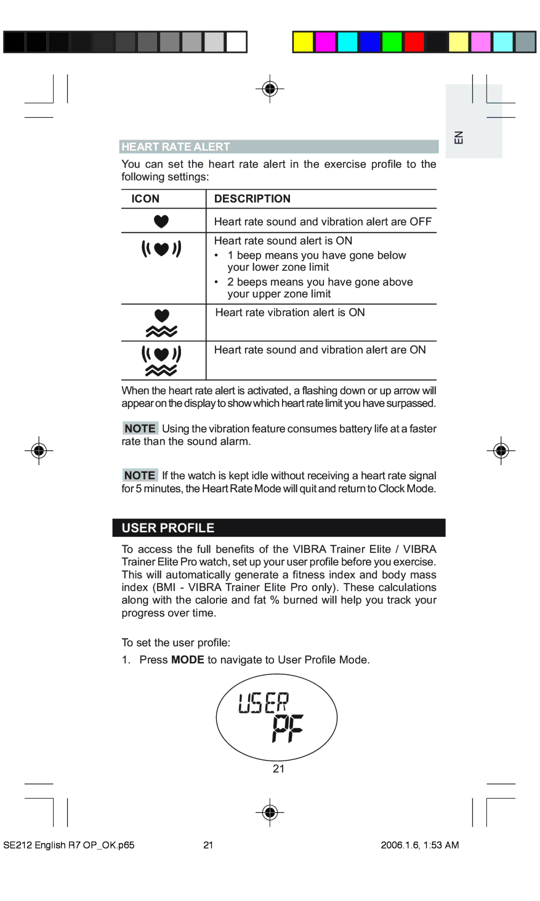 Oregon Scientific SE212 / SE232 user manual User Profile, Heart Rate Alert 