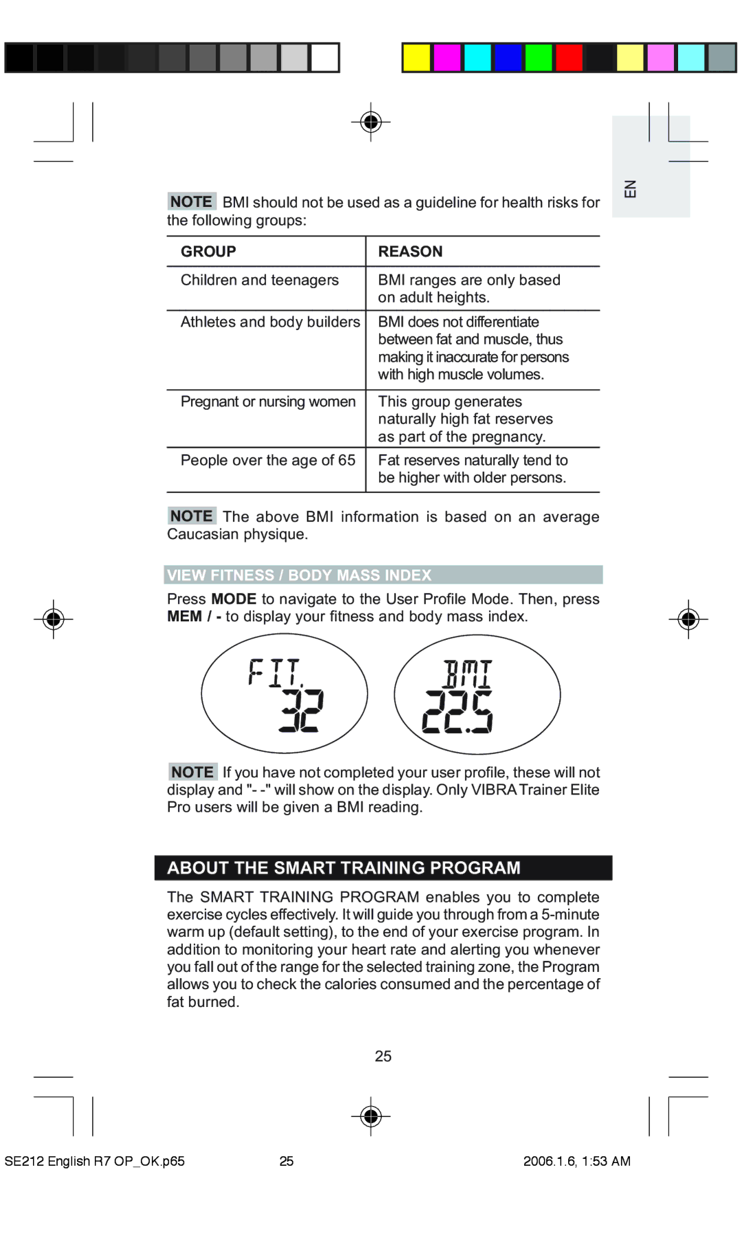 Oregon Scientific SE212 / SE232 user manual About the Smart Training Program, Group Reason, View Fitness / Body Mass Index 