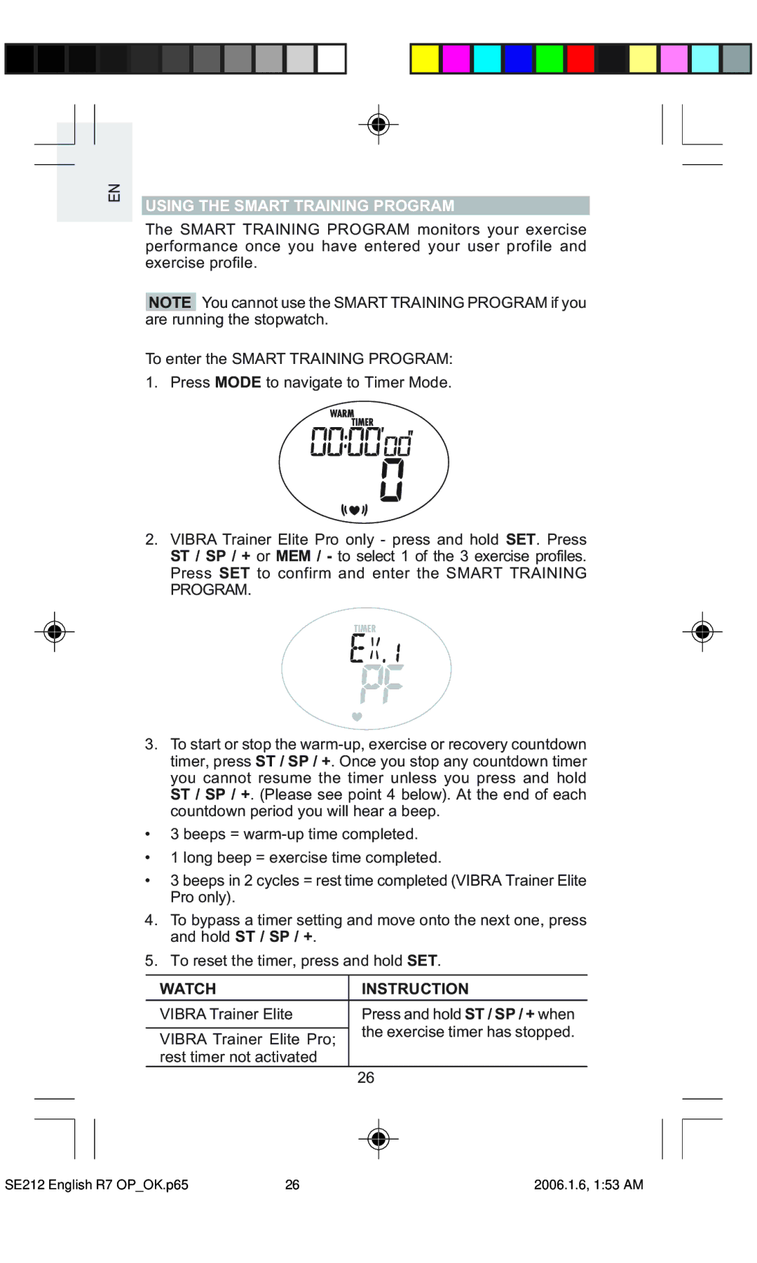 Oregon Scientific SE212 / SE232 user manual Using the Smart Training Program, Watch Instruction 