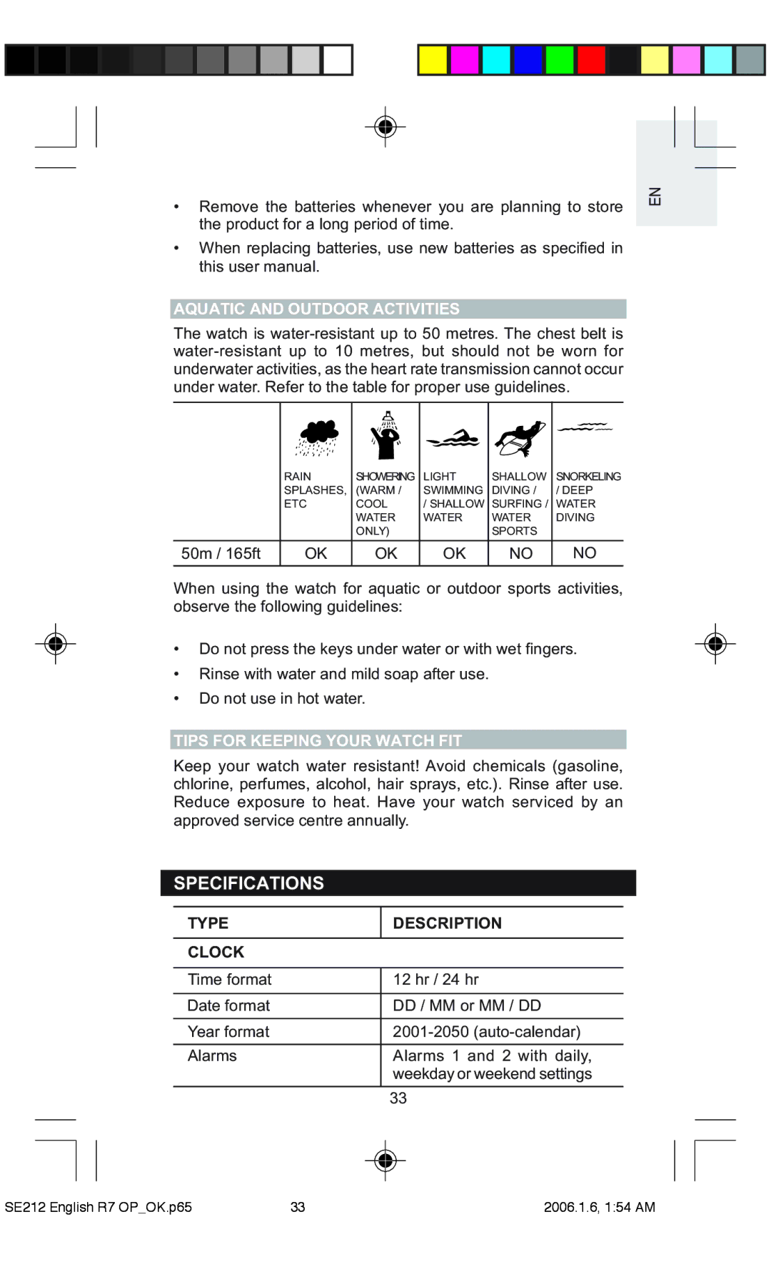 Oregon Scientific SE212 / SE232 user manual Specifications, Aquatic and Outdoor Activities, Tips for Keeping Your Watch FIT 