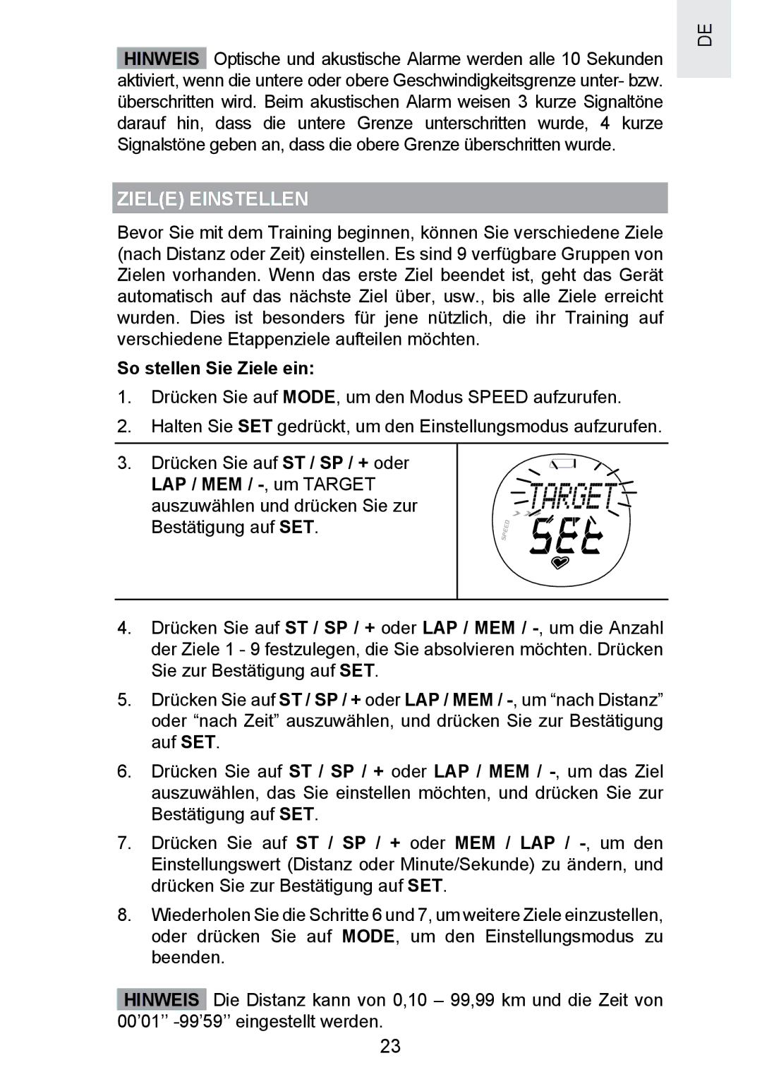 Oregon Scientific SE300 manual Ziele Einstellen, So stellen Sie Ziele ein 