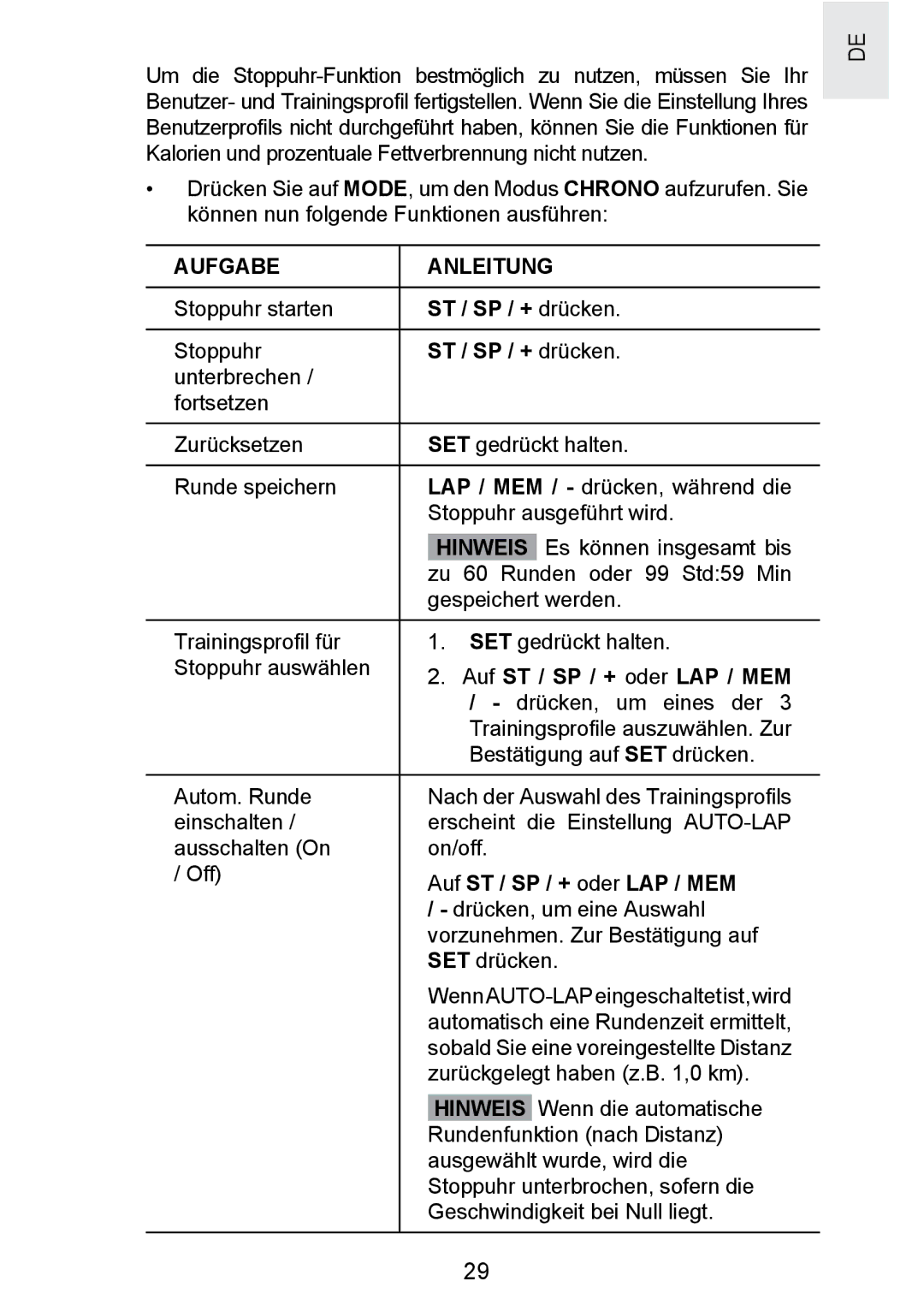 Oregon Scientific SE300 manual Aufgabe Anleitung, ST / SP / + drücken, Hinweis, Auf ST / SP / + oder LAP / MEM 