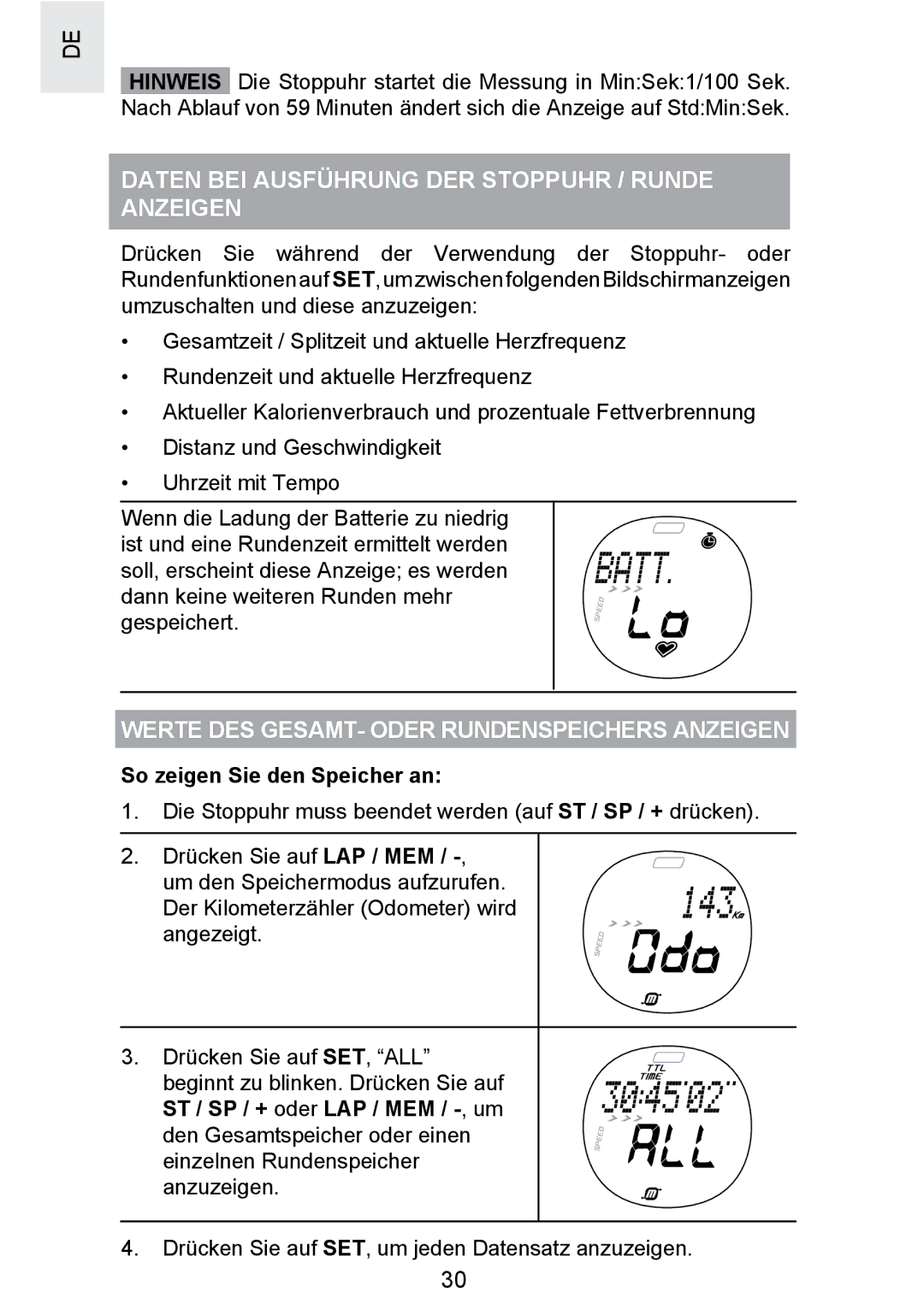 Oregon Scientific SE300 manual Daten BEI Ausführung DER Stoppuhr / Runde Anzeigen, So zeigen Sie den Speicher an 