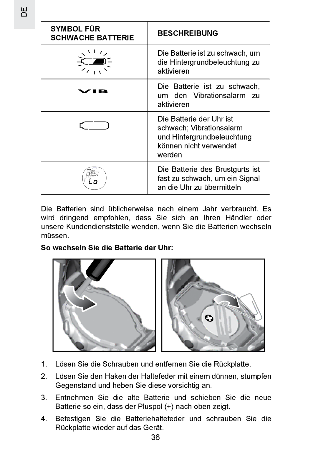 Oregon Scientific SE300 manual Symbol FÜR Beschreibung Schwache Batterie, So wechseln Sie die Batterie der Uhr 