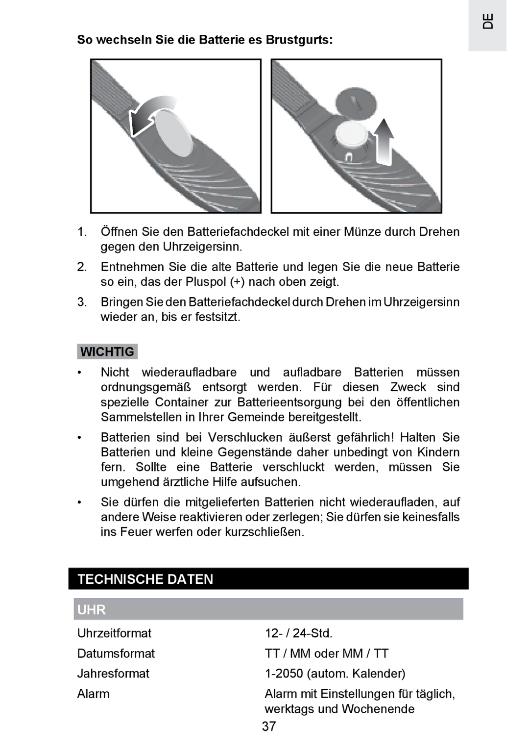 Oregon Scientific SE300 manual Technische Daten UHR, So wechseln Sie die Batterie es Brustgurts, Wichtig 