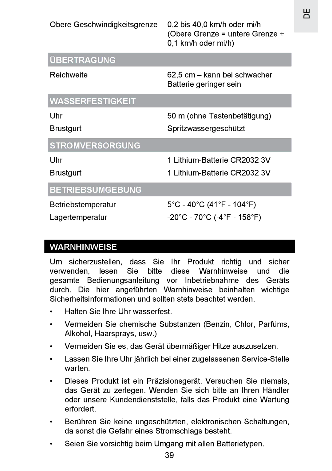 Oregon Scientific SE300 manual Übertragung, Wasserfestigkeit, Stromversorgung, Betriebsumgebung, Warnhinweise 