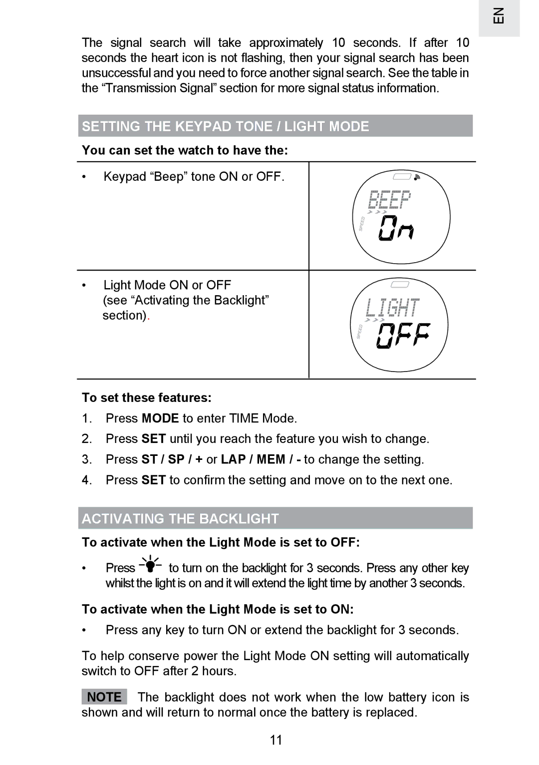 Oregon Scientific SE300 manual Setting the Keypad Tone / Light Mode, Activating the Backlight 