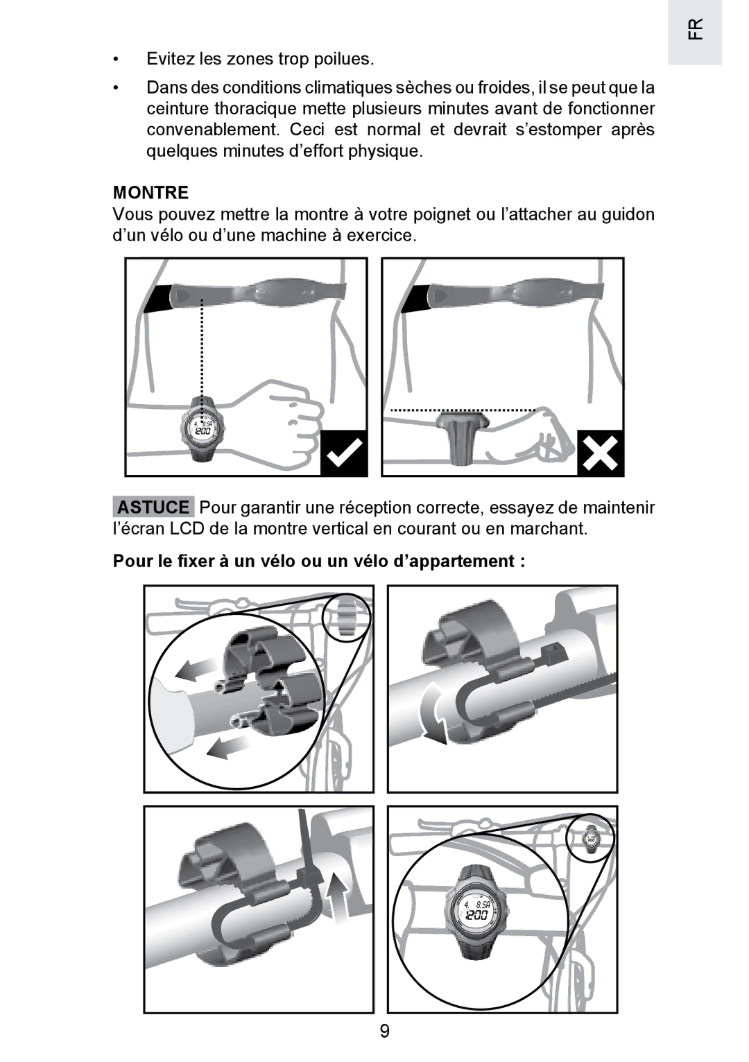 Oregon Scientific SE300 manual Montre, Pour le ﬁxer à un vélo ou un vélo d’appartement 