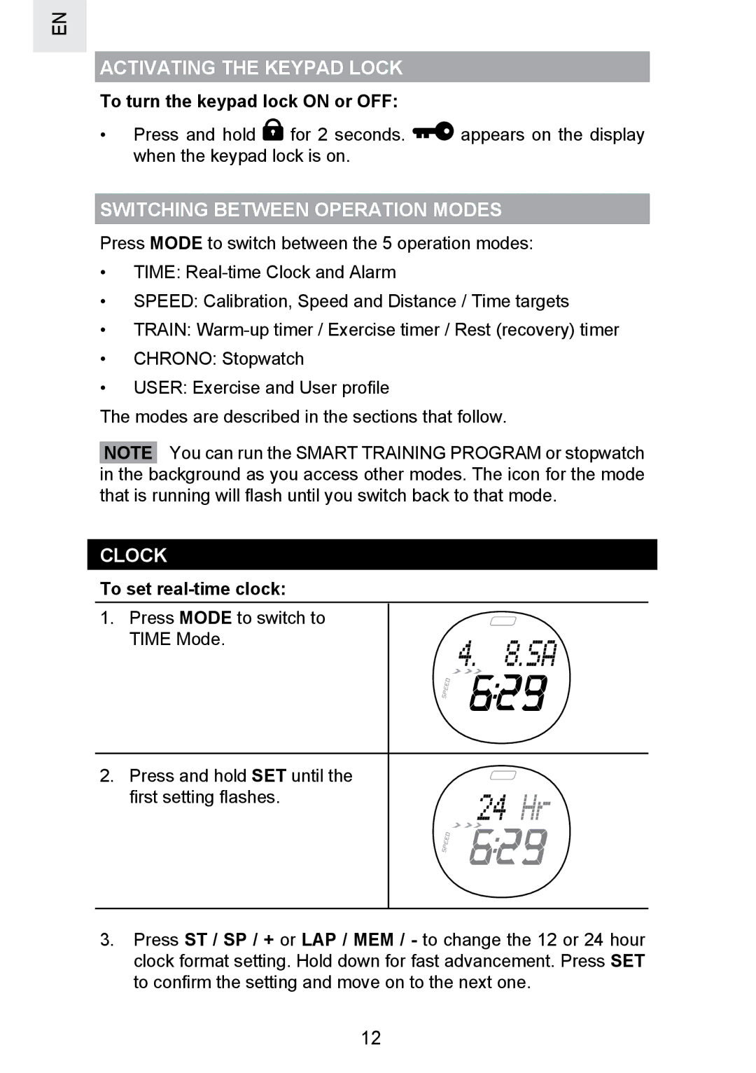 Oregon Scientific SE300 manual Activating the Keypad Lock, Switching Between Operation Modes, Clock, To set real-time clock 