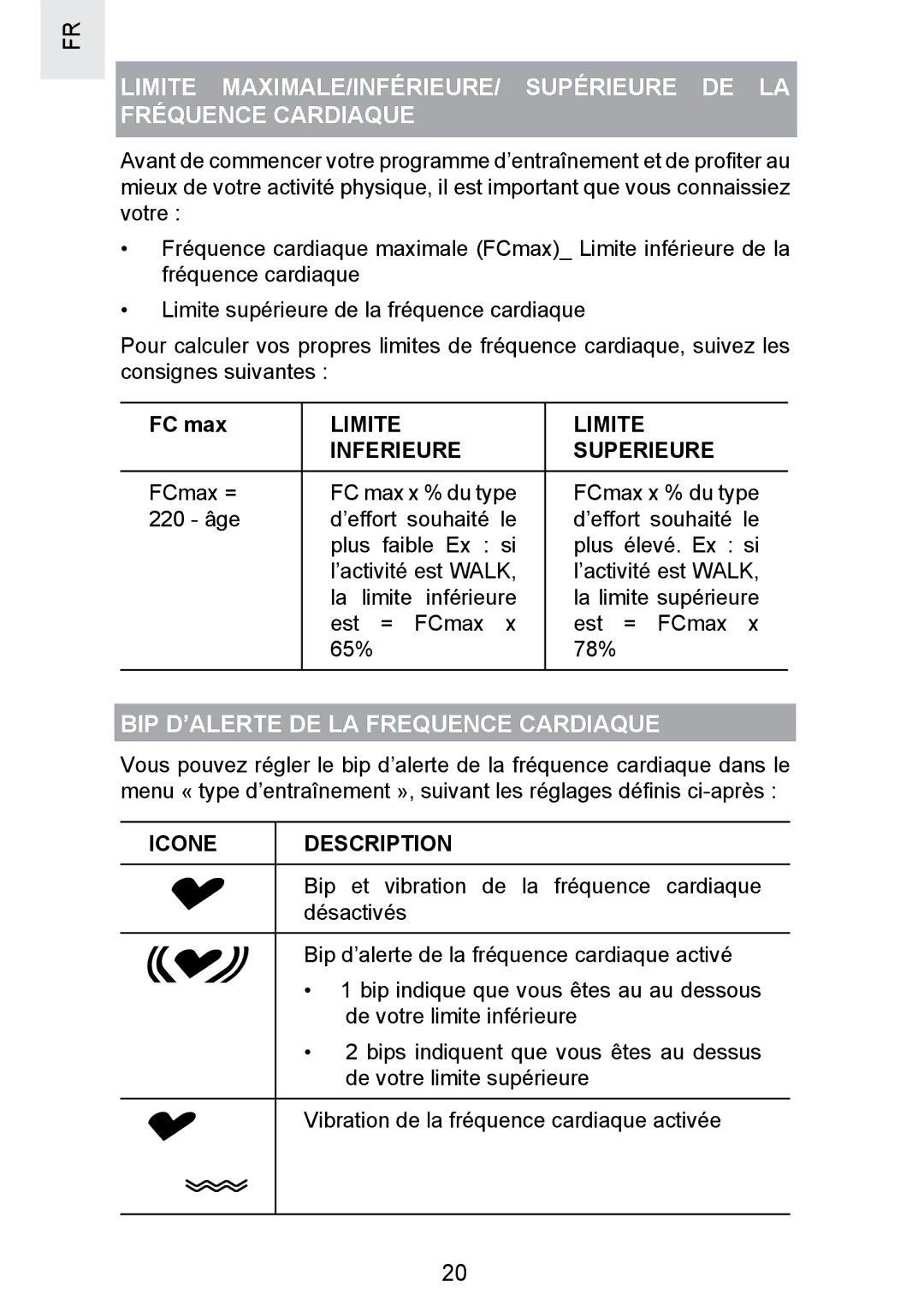 Oregon Scientific SE300 BIP D’ALERTE DE LA Frequence Cardiaque, FC max, Limite Inferieure Superieure, Icone Description 