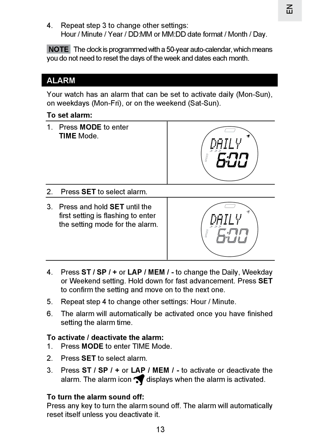 Oregon Scientific SE300 manual Alarm, To set alarm, To activate / deactivate the alarm, To turn the alarm sound off 