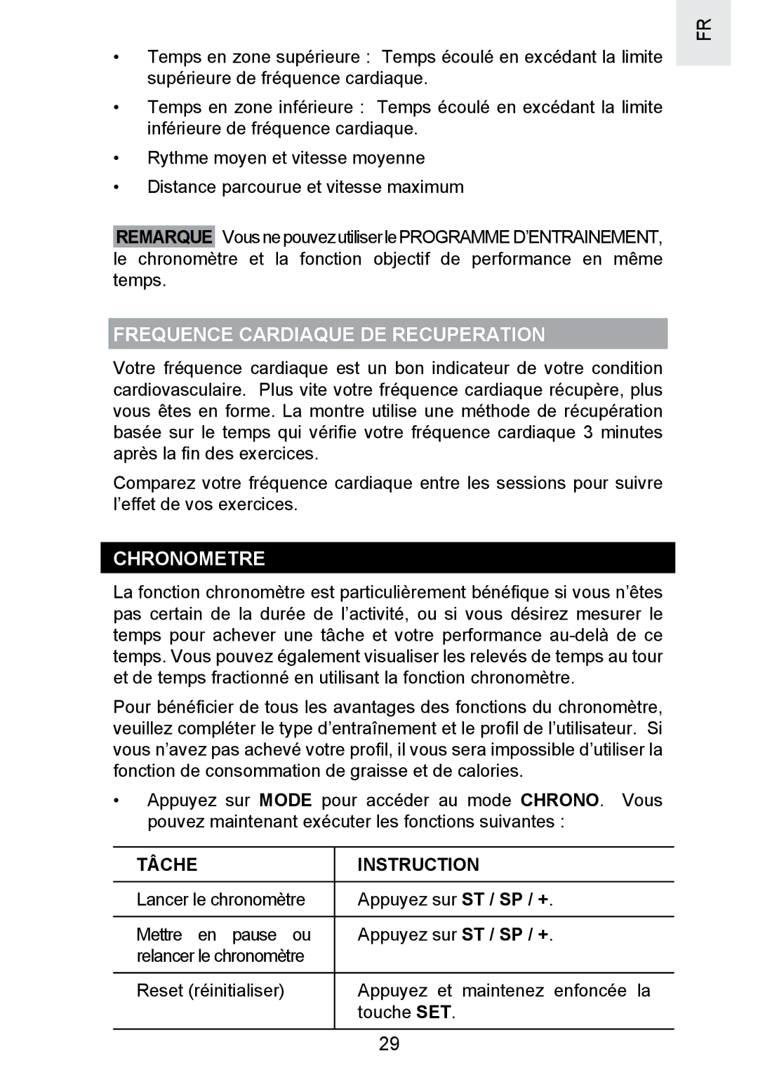 Oregon Scientific SE300 manual Frequence Cardiaque DE Recuperation, Chronometre, Tâche Instruction 