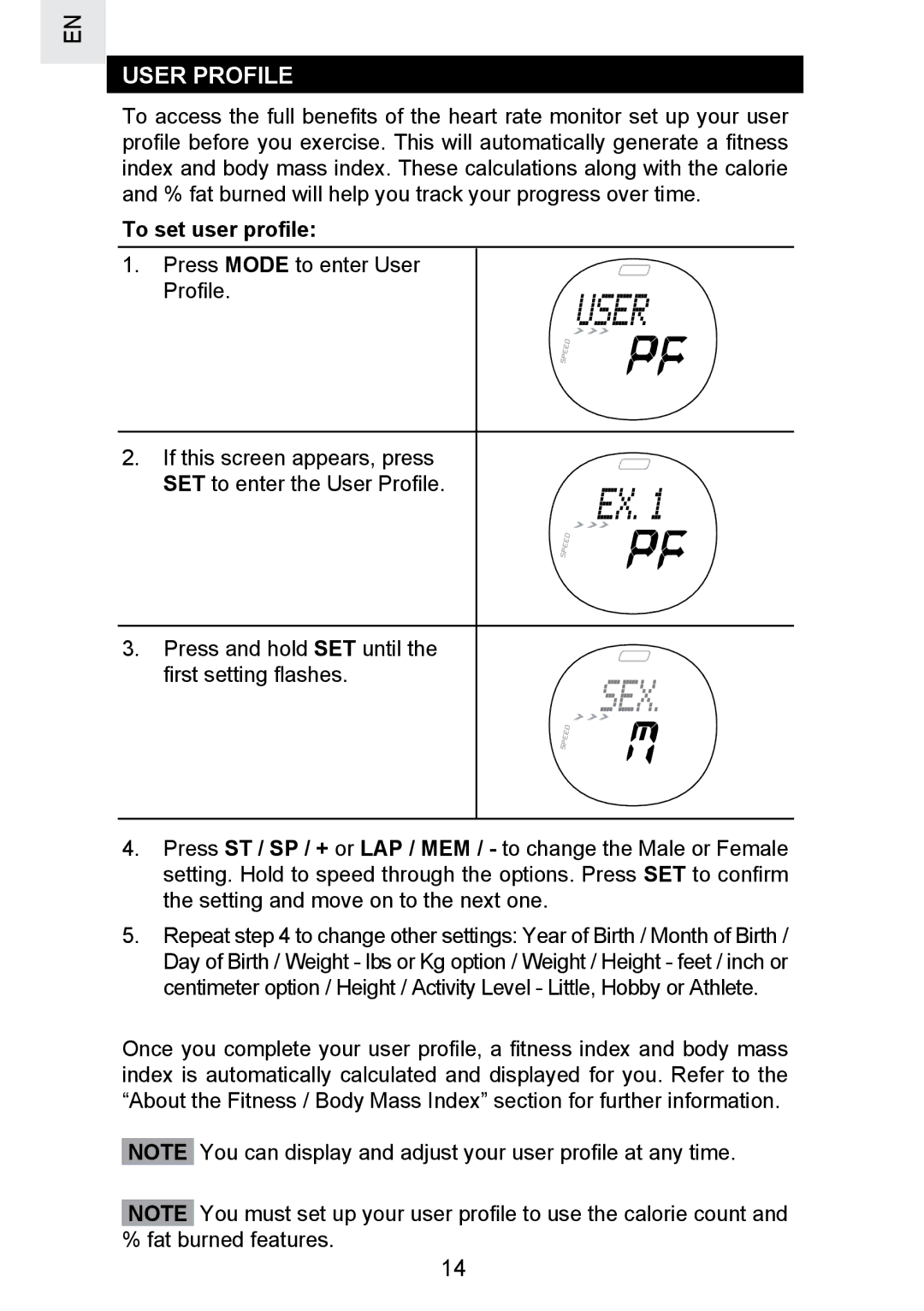 Oregon Scientific SE300 manual User Profile, To set user proﬁle 