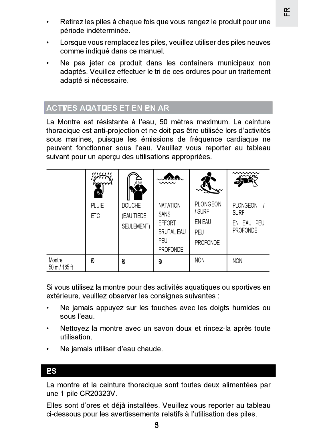 Oregon Scientific SE300 manual Activites Aquatiques ET EN Plein AIR, Piles 