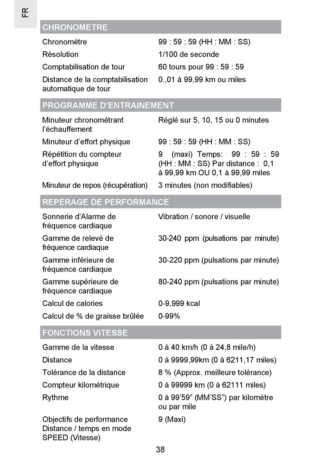 Oregon Scientific SE300 manual Reperage DE Performance, Fonctions Vitesse 