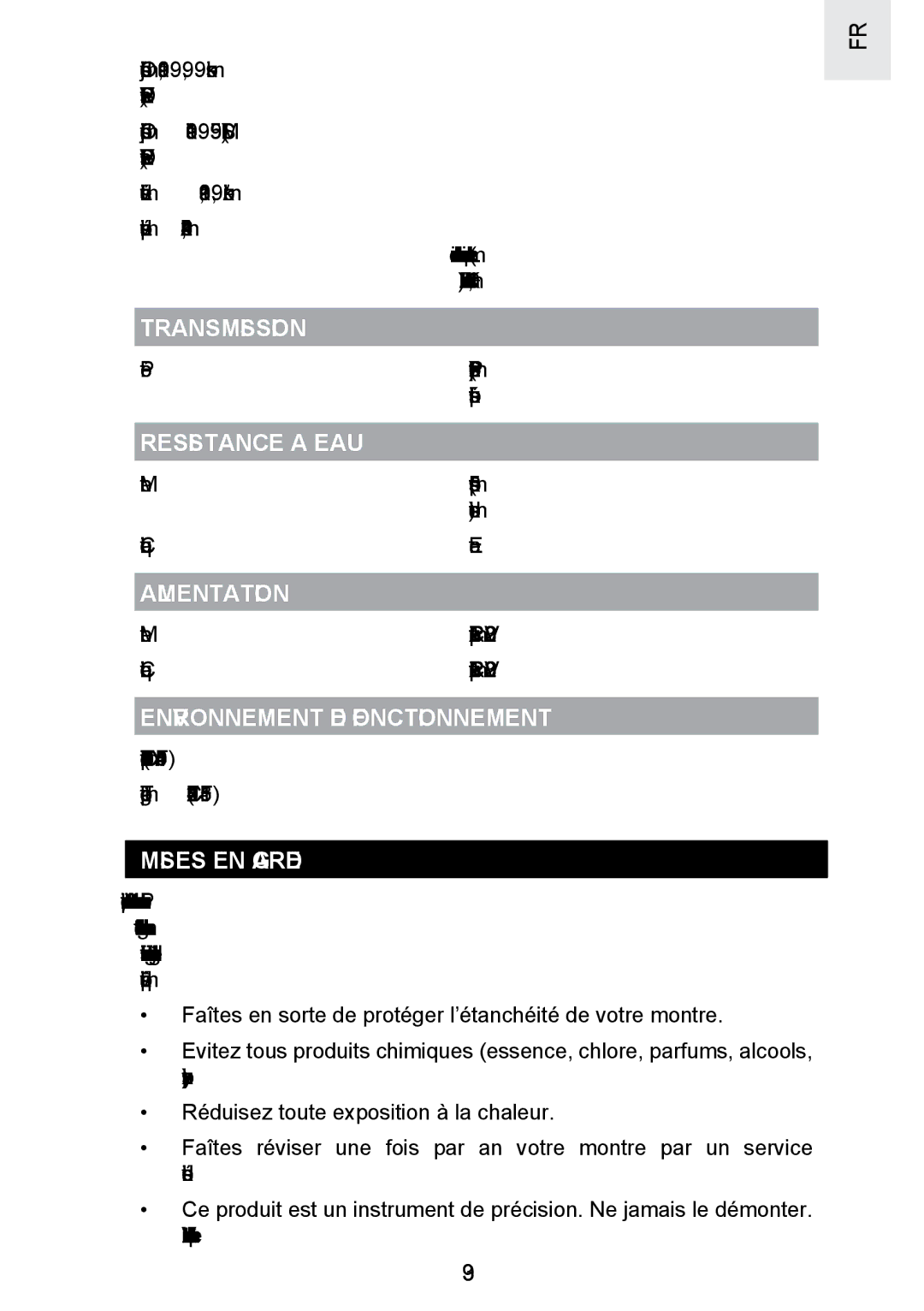 Oregon Scientific SE300 manual Resistance a L’EAU, Alimentation, Environnement DE Fonctionnement, Mises EN Garde 