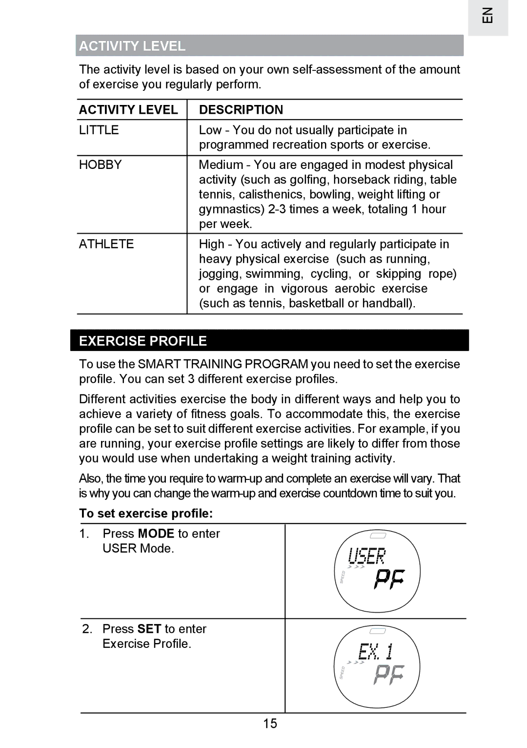 Oregon Scientific SE300 manual Exercise Profile, Activity Level Description, To set exercise proﬁle 