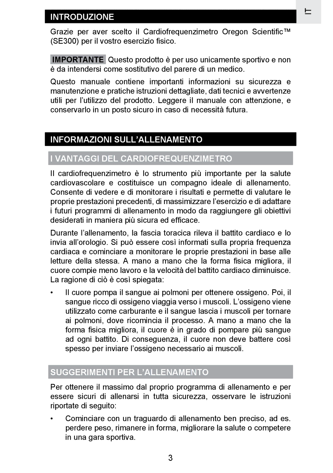 Oregon Scientific SE300 manual Introduzione, Suggerimenti PER L’ALLENAMENTO 