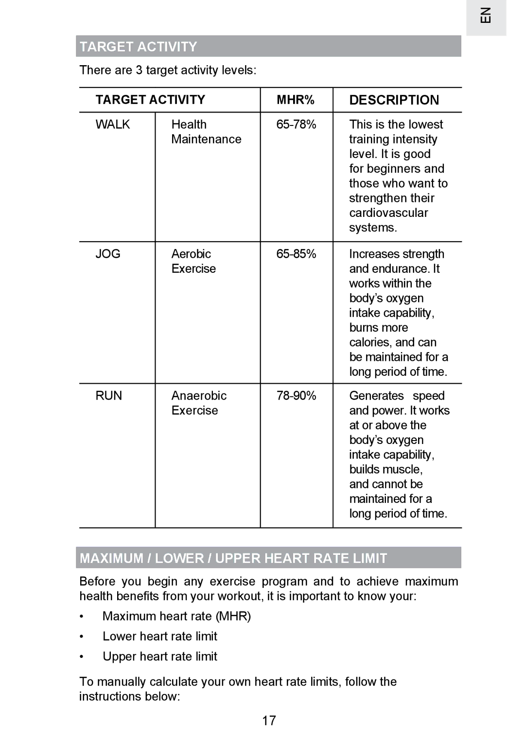 Oregon Scientific SE300 manual Maximum / Lower / Upper Heart Rate Limit, Target Activity MHR% 