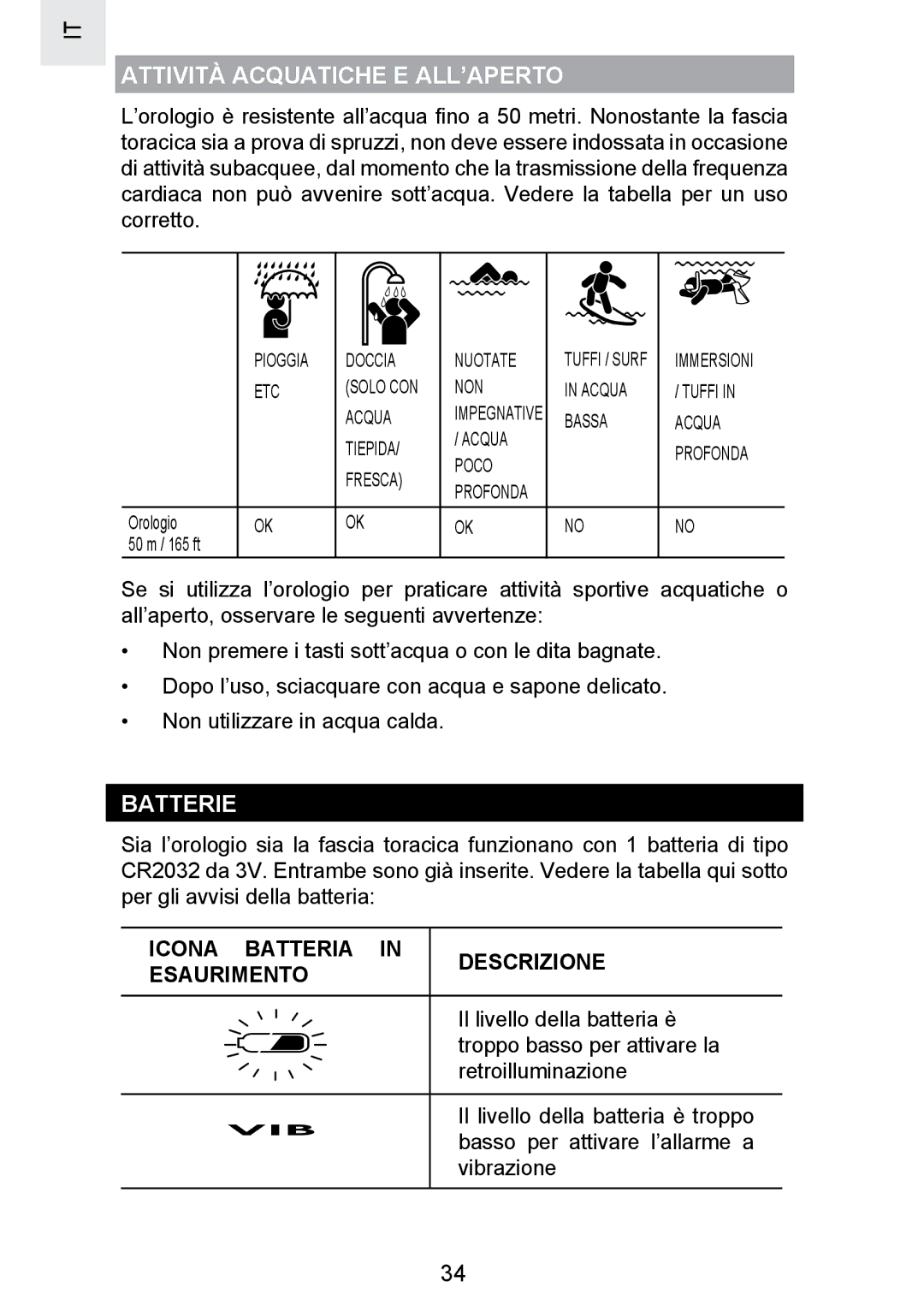 Oregon Scientific SE300 manual Attività Acquatiche E ALL’APERTO, Batterie, Icona Batteria Descrizione Esaurimento 