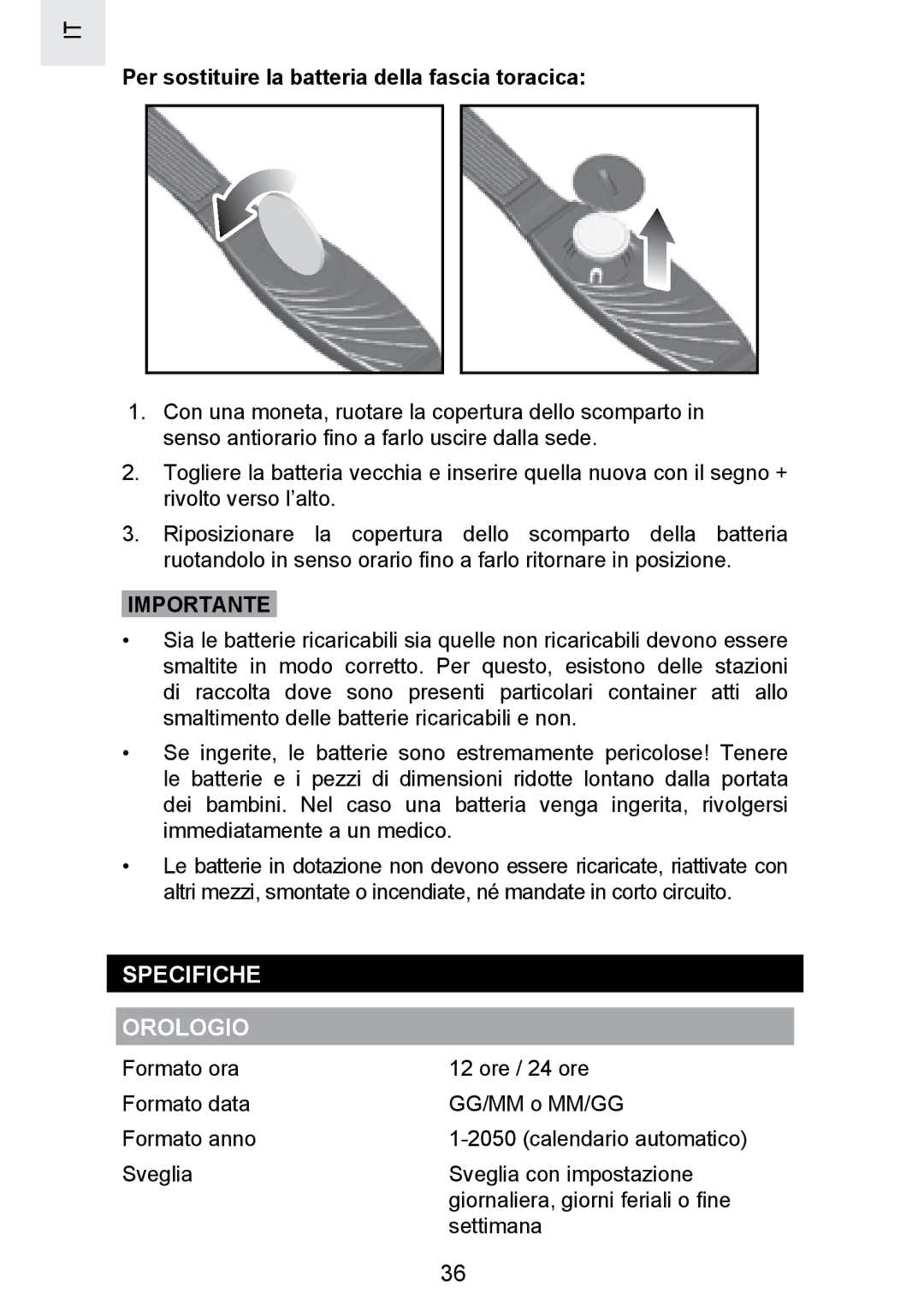 Oregon Scientific SE300 manual Specifiche Orologio, Per sostituire la batteria della fascia toracica 