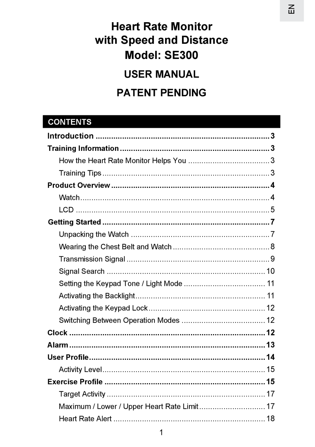 Oregon Scientific manual Heart Rate Monitor With Speed and Distance Model SE300, Contents 